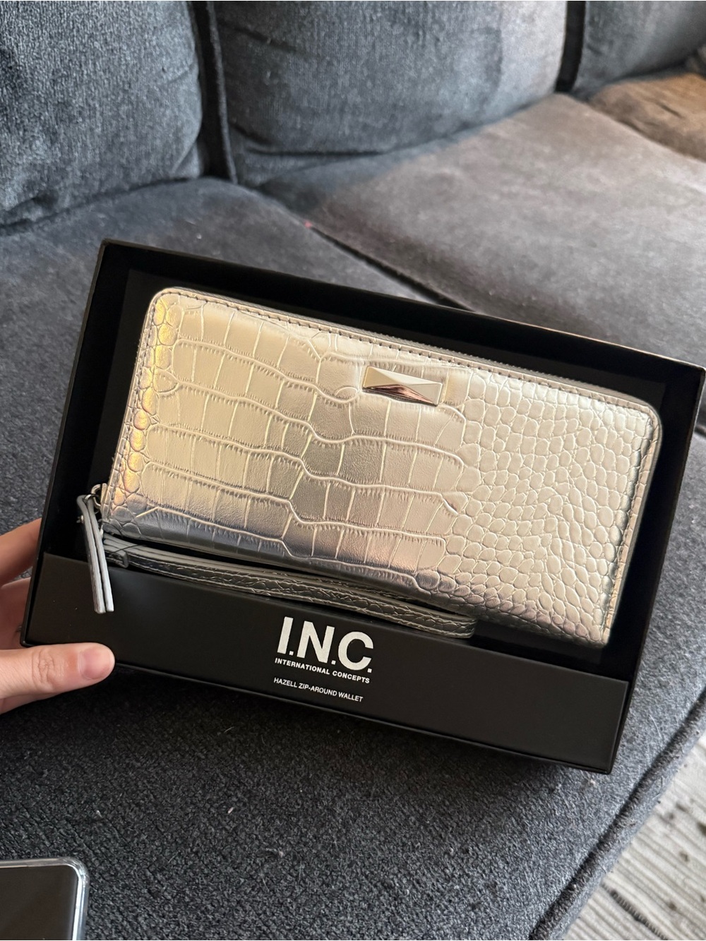 INC International Concepts Metallic Silver Croc-Embossed Zip-Around Wallet